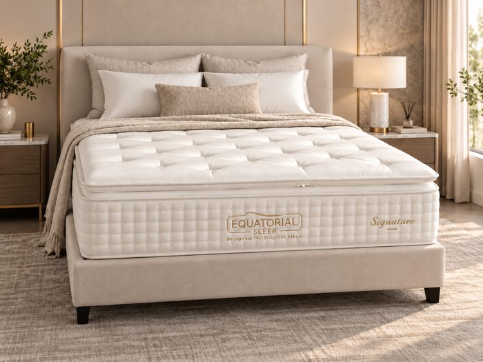 Signature mattress in a bright neutral bedroom with a classic cream palette and balanced styling.