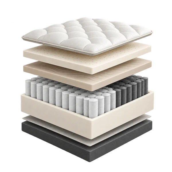 Exploded layered-comfort mattress construction with cushioned comfort layers above a responsive spring support core.