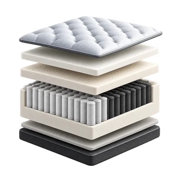 Exploded structured-support mattress construction with firmer comfort layers, pocket-spring support and reinforced edge structure.