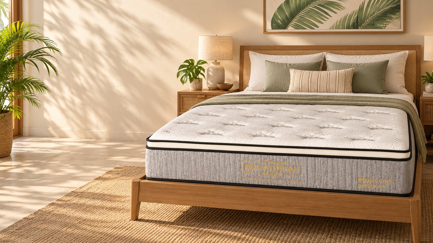 Equatorial Sleep mattress in a warm tropical-inspired bedroom setting