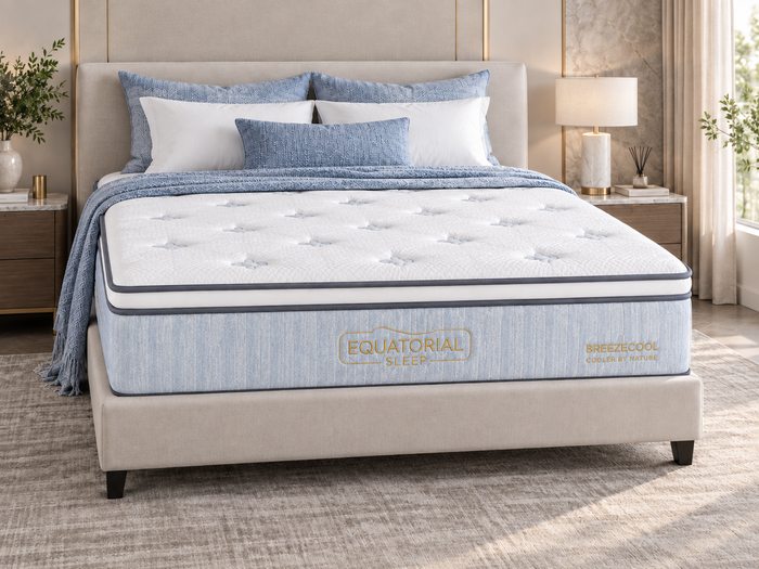 BreezeCool mattress in a bright neutral bedroom with light blue accents and a cooler-feeling look.