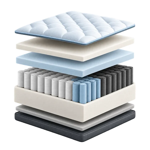 Exploded cooler-feeling mattress construction with breathable comfort layers, responsive springs and a reinforced base.