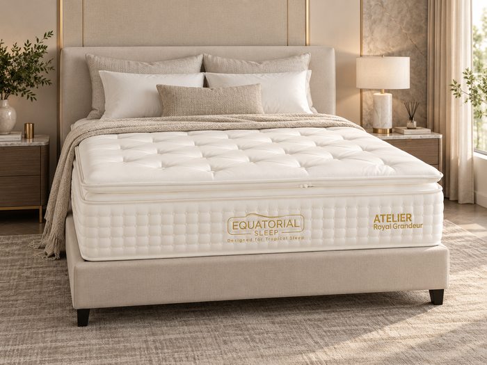 Atelier mattress in a bright neutral bedroom with soft ivory bedding and a layered premium look.