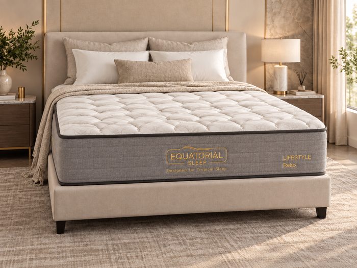 Lifestyle mattress in a bright neutral bedroom with warm beige styling and an everyday comfort feel.