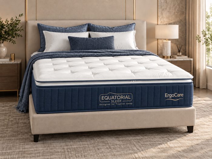 ErgoCare mattress in a bright neutral bedroom with navy accents and a support-focused look.