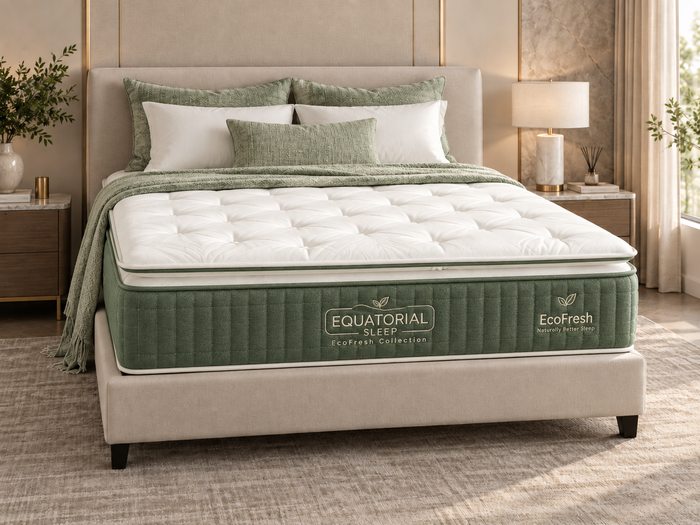EcoFresh mattress in a bright neutral bedroom with soft green accents and a fresh natural look.