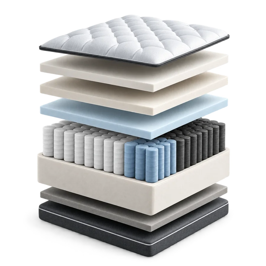 Exploded Equatorial Sleep mattress construction showing the surface, comfort layers, responsive layers, spring support core, edge structure and breathable base.